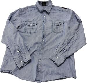 WT02 Shirt Men XXL Blue White Long Sleeve Button Up Cotton Streetwear Utility